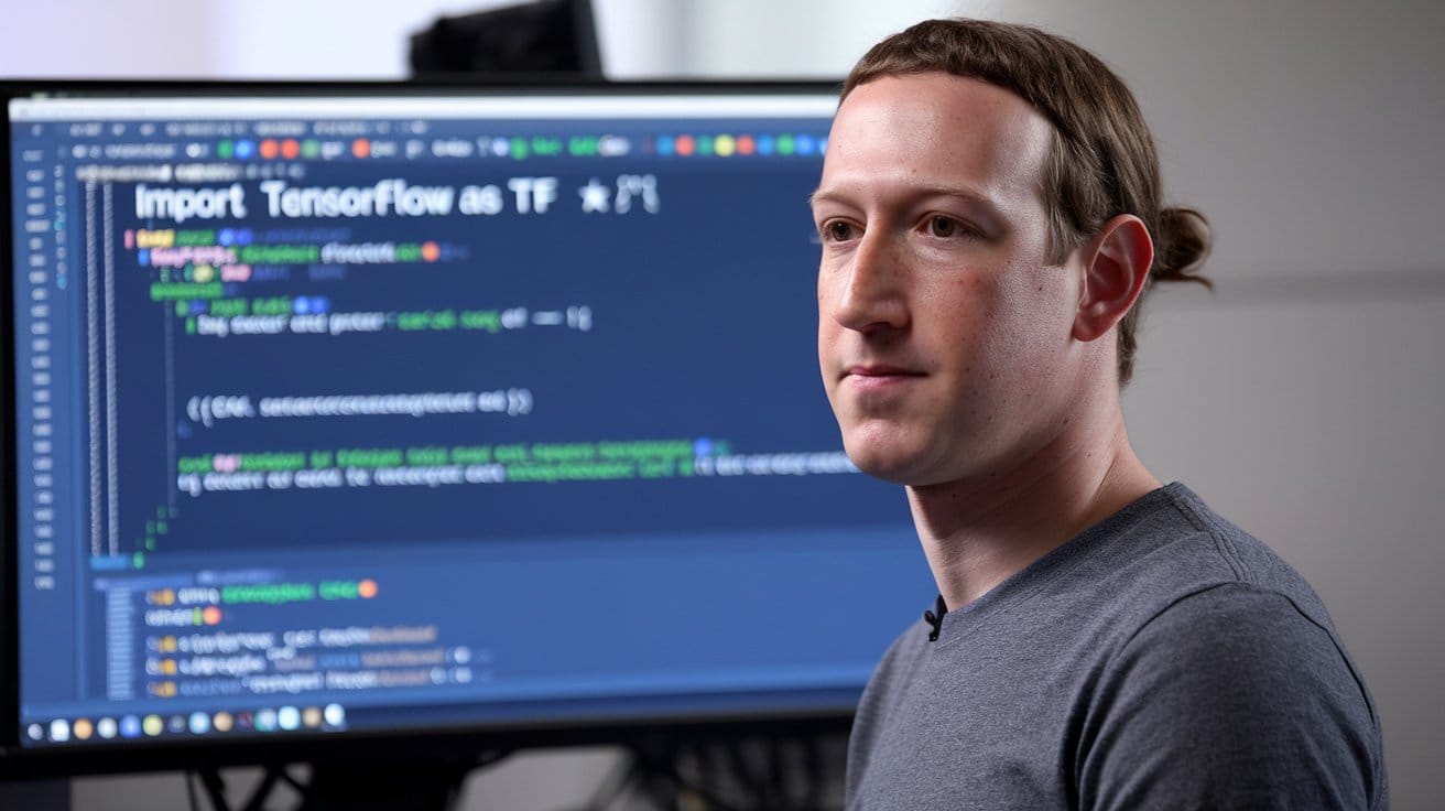 A photo of Mark Zuckerberg sitting in front of a computer screen. He is wearing a gray t-shirt and has his hair tied back.