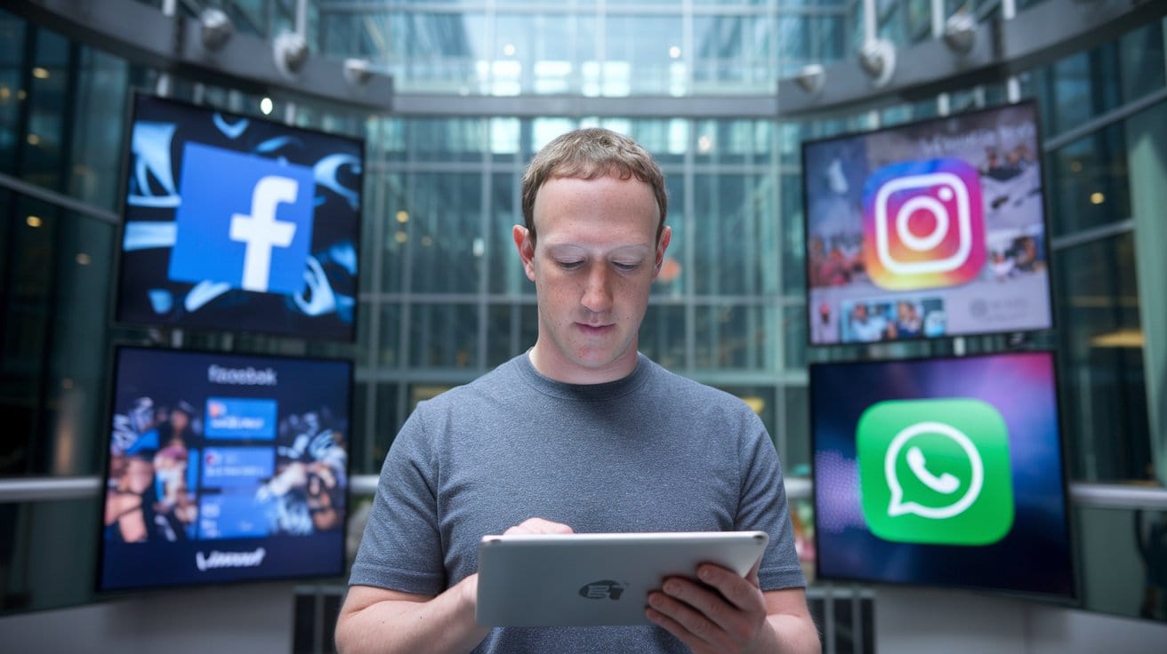 Mark Zuckerberg using Meta's social apps, including Facebook, Instagram, and WhatsApp, on a tablet.