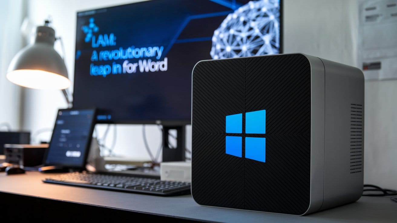 A photo of Microsoft's new LAM (Language and AI Model) system. There's a sleek, black box with a blue Microsoft logo.