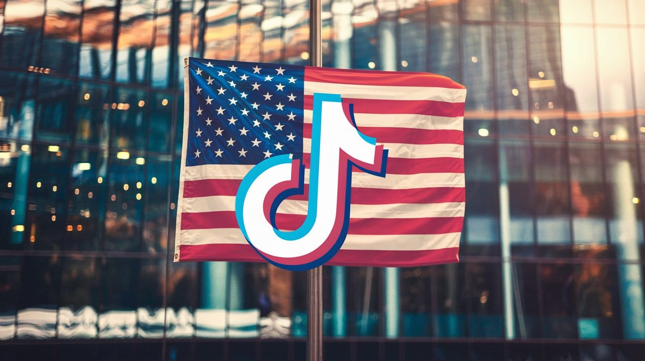 A TikTok logo is displayed in front of the US flag. The background is blurred, showing a modern building with glass windows.