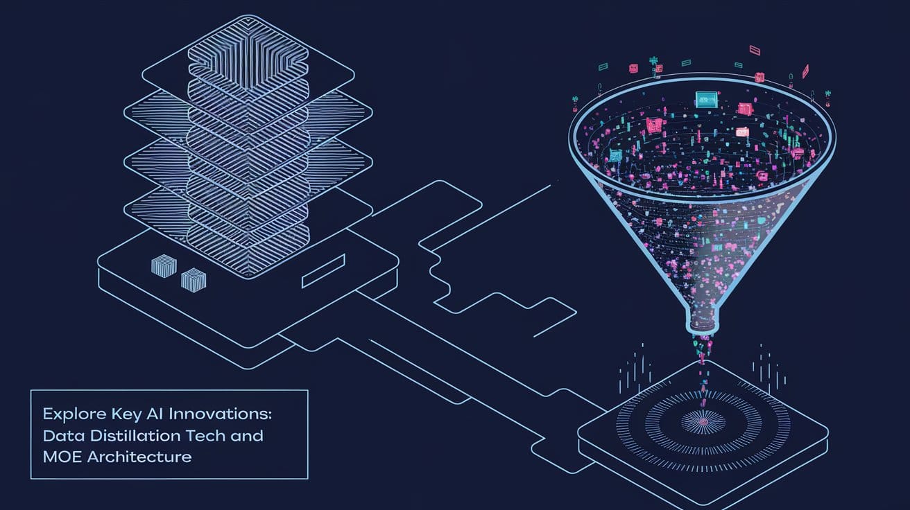 A visual representation of the key AI innovations: data distillation tech and MoE (Mixture of Experts) architecture.