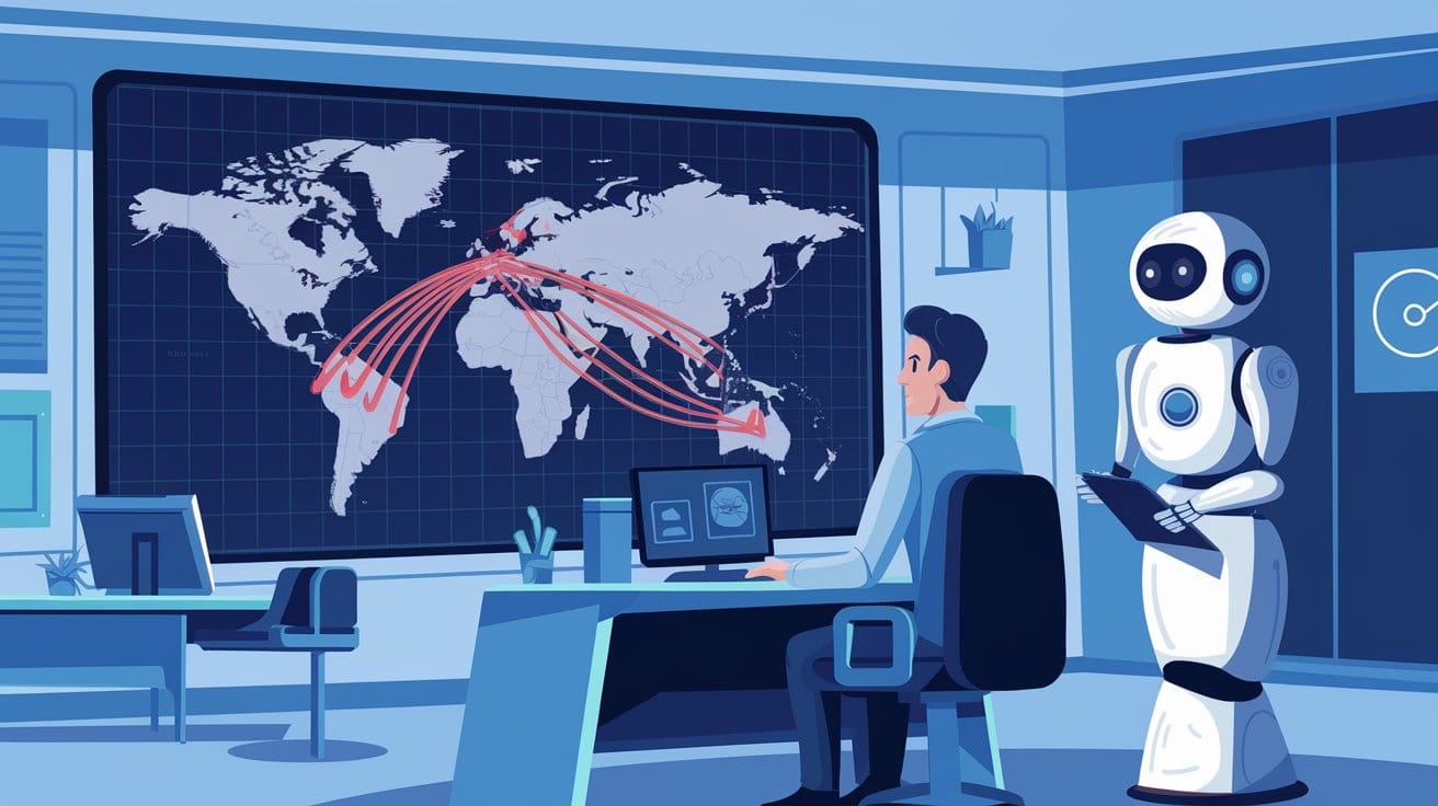 An illustration of a futuristic insurance office with a large screen displaying a 3D map of the world.