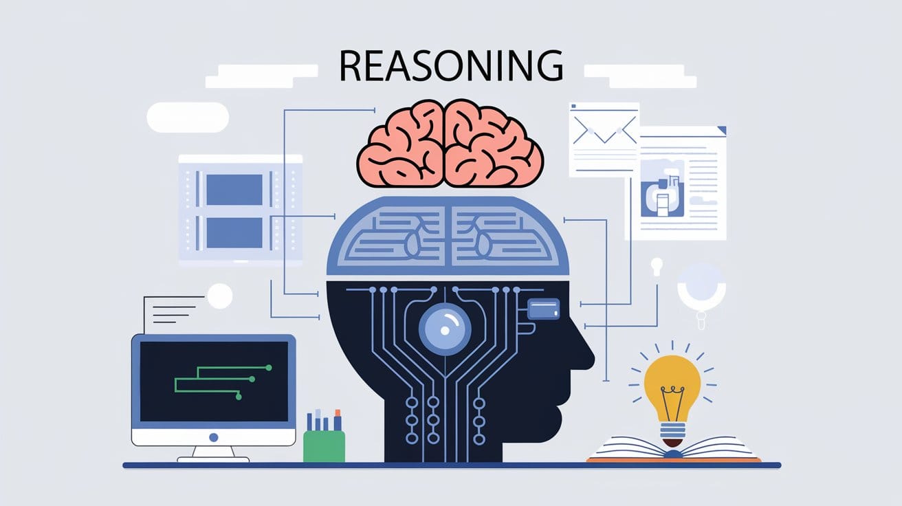 An illustration of a 'Reasoning' AI model. The model has multiple layers, with the top layer being a human brain.