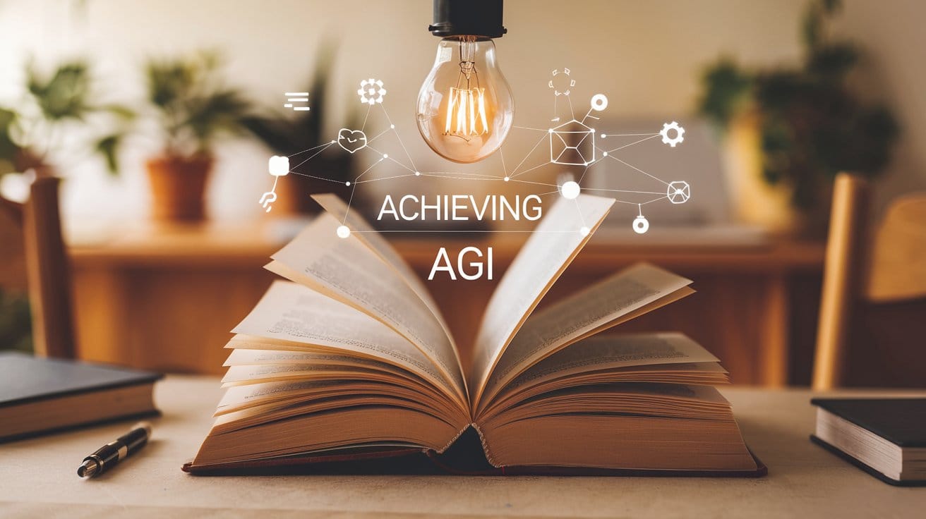 An open book with the title "Achieving AGI". There's a lightbulb above the book. The room has a wooden desk and a chair.