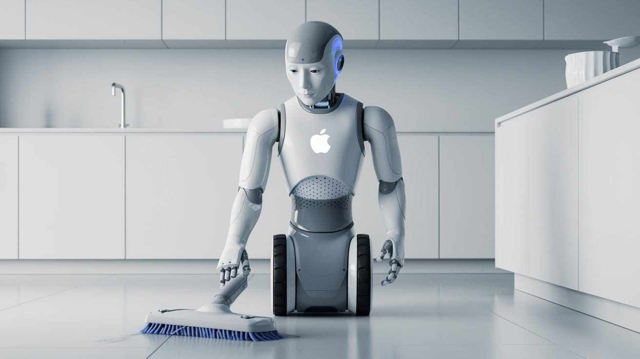 A humanoid robot does housework at home, with the Apple logo printed on its chest