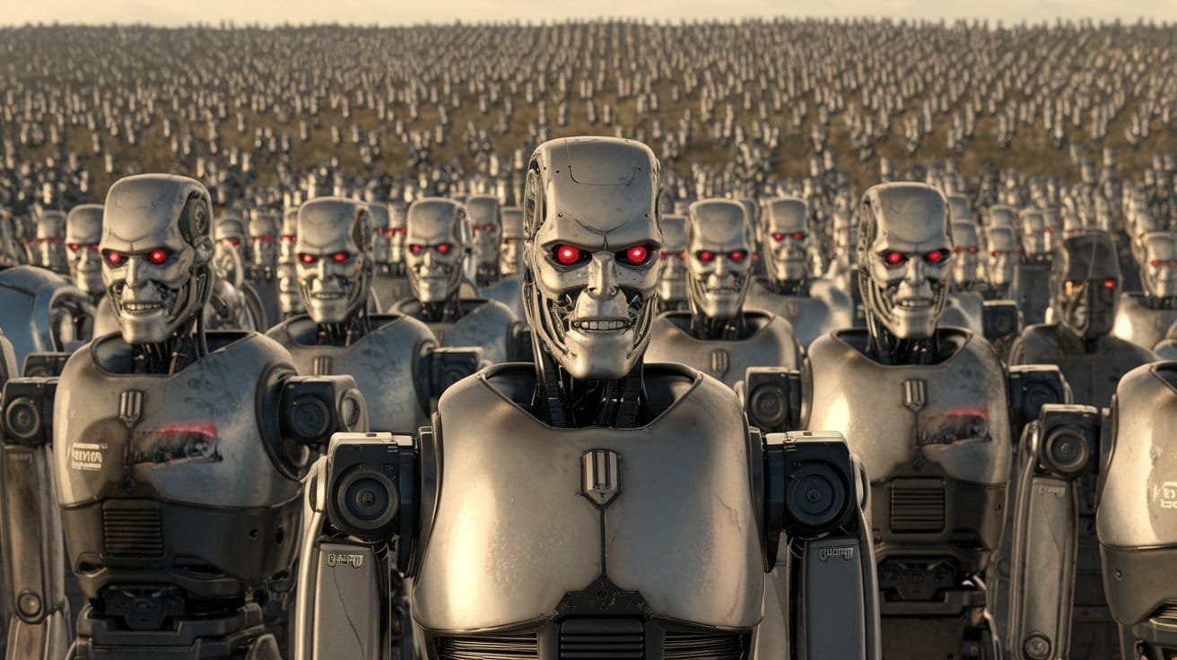 A cinematic shot of a vast field with a horizon filled with Skynet Terminator robots. 