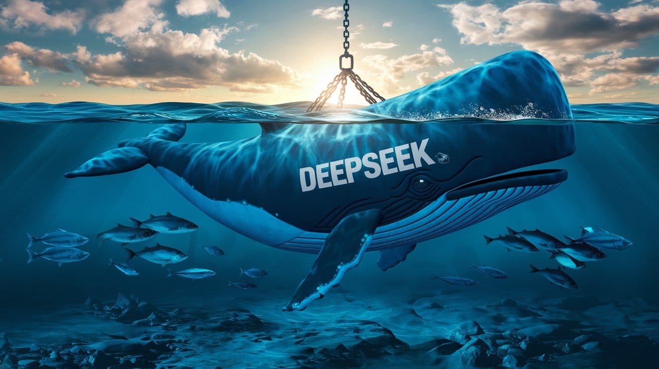 A digital whale with the text "DeepSeek" printed on its side is forced to sink to the bottom of a digital ocean.