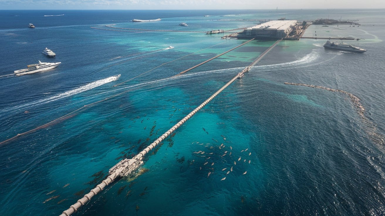 A photo of Meta's Project Waterworth, the world's longest subsea cable. The cable is stretched across a body of water