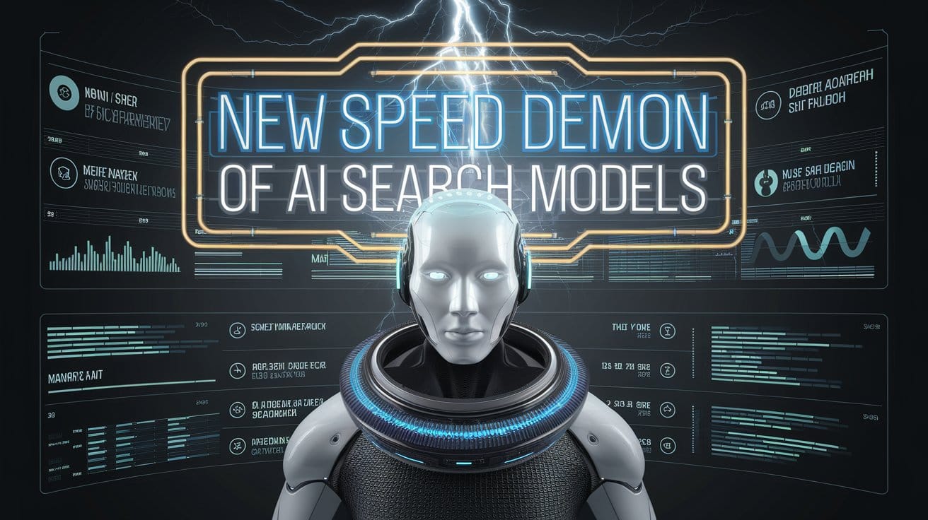 A futuristic AI search model with a neon sign that says "New Speed Demon of AI Search Models".