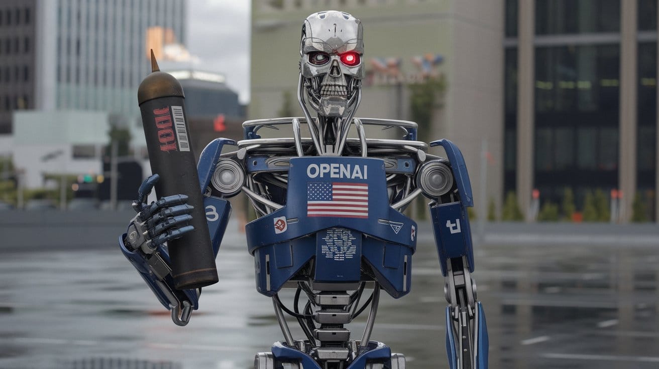 A futuristic scene of a Terminator robot with a red eye, holding a nuclear warhead. 