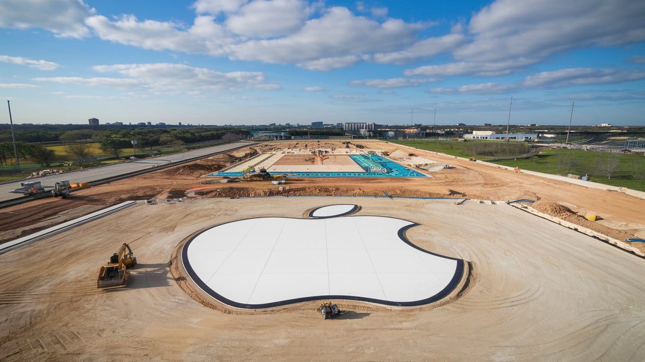 A photo of a construction site in Texas with a large Apple logo on the ground. There are construction workers and machinery in the photo.