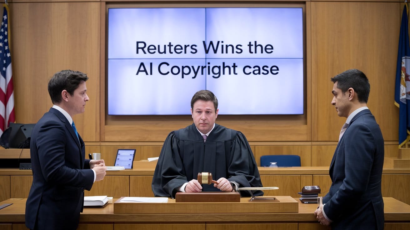 a judge, a Reuters lawyer, and an AI company lawyer. The judge is wearing a black robe and has a gavel.