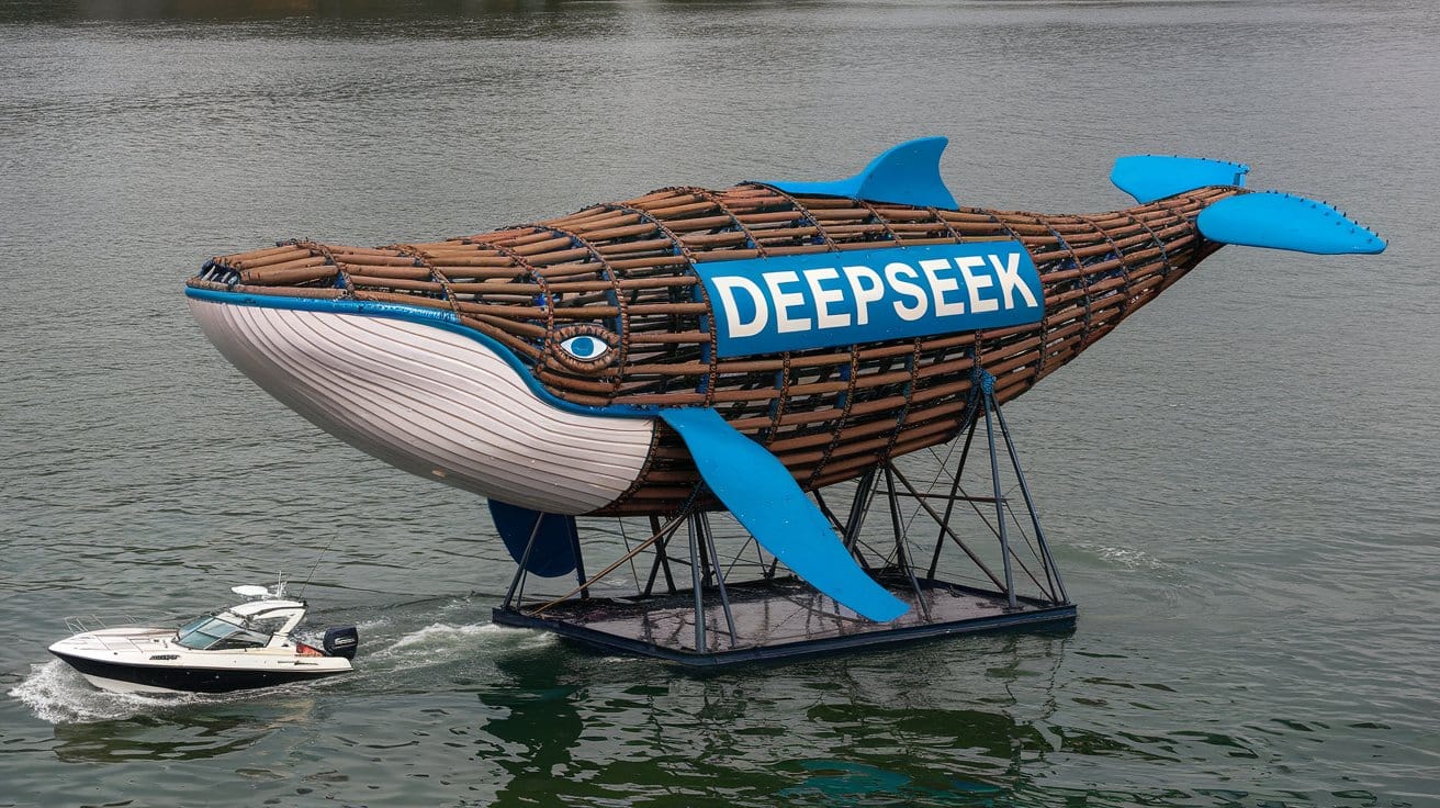 a large mechanical whale with the text "DeepSeek" printed on its body. The whale is made of metal rods and has a blue color. 