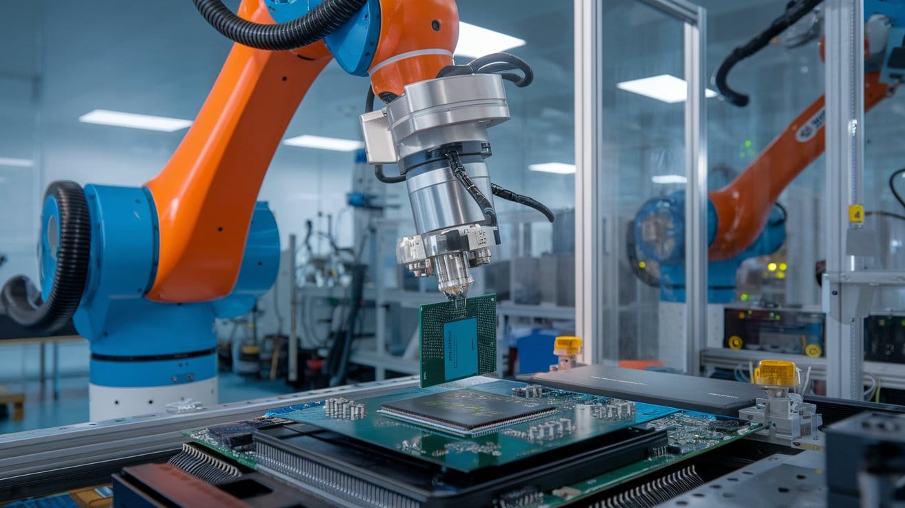 The robotic arm is making CPU, and it is operating in a cleanroom environment.