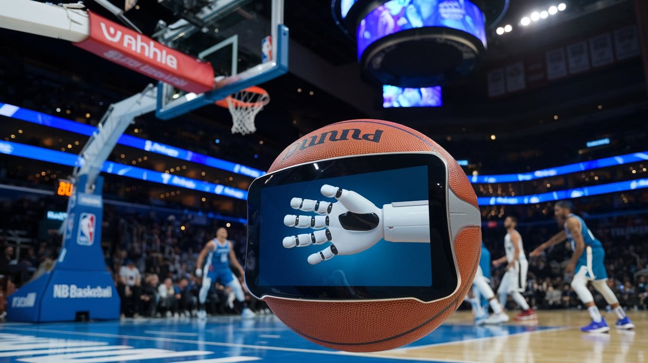 An NBA AI basketball has a digital screen that displays a 3D animation of a robot hand catching the ball.