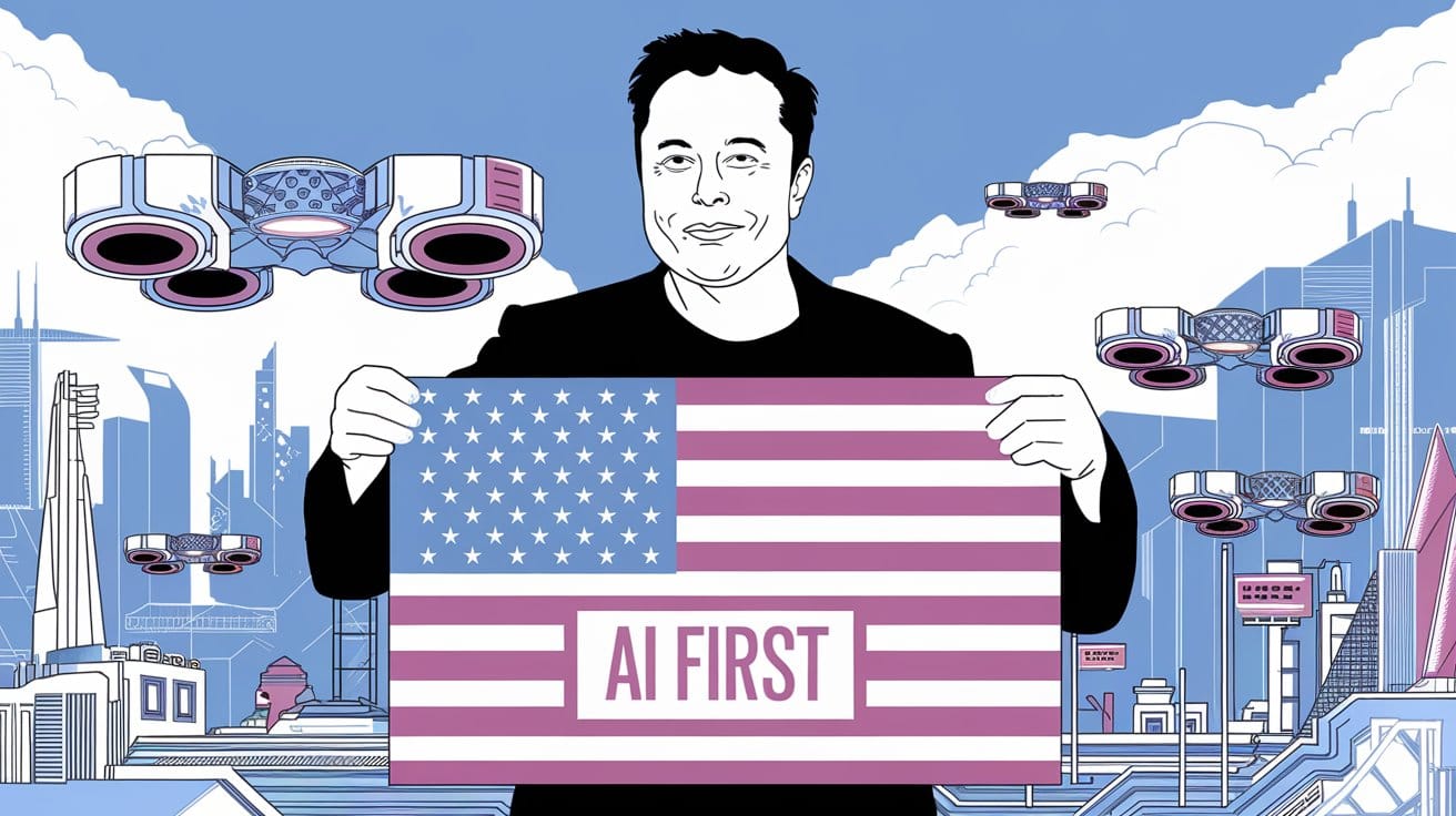 An illustration of Elon Musk holding an American flag with "AI First" written in the center. 