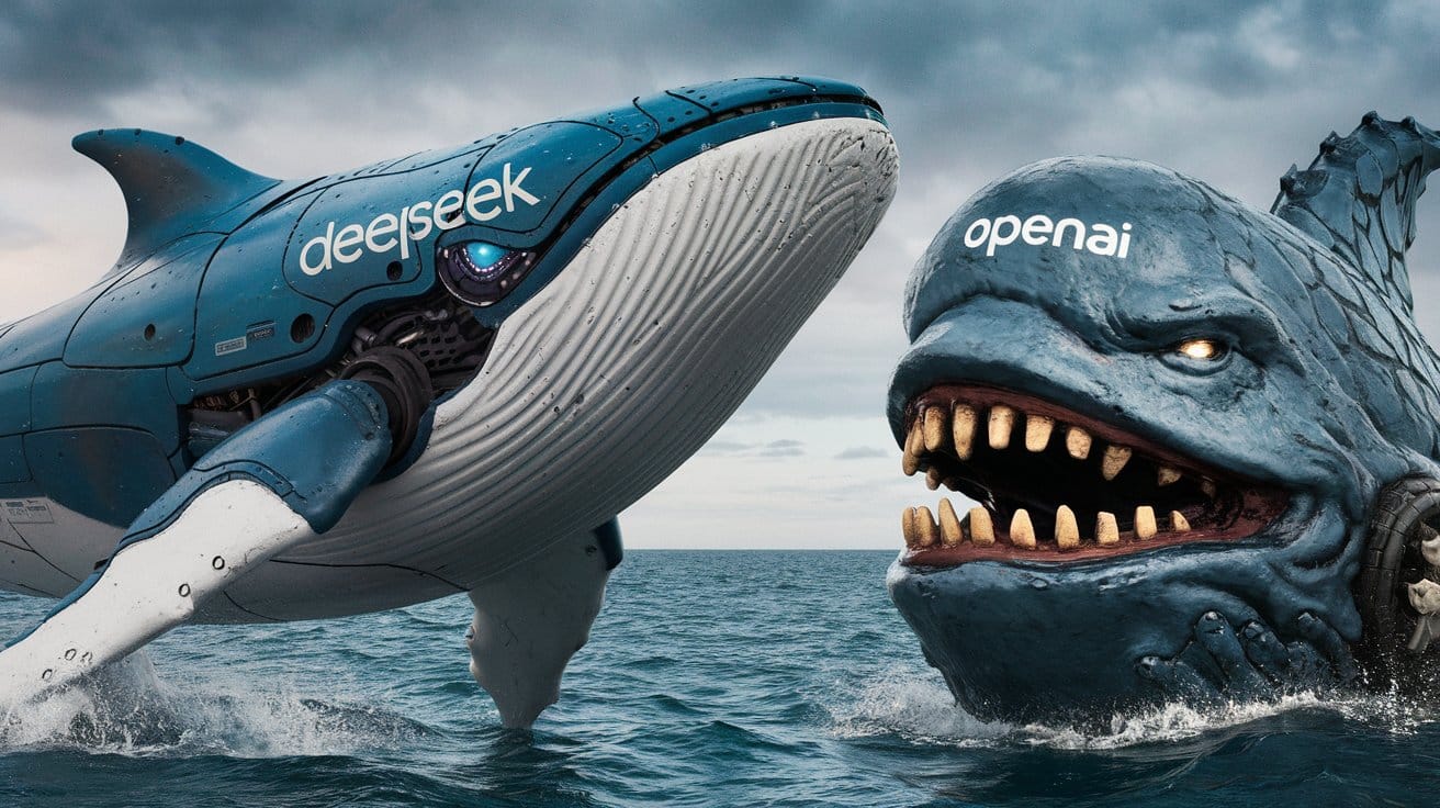 a giant mechanical whale with "DeepSeek" printed on its body, looking at its evil replica with "OpenAI" printed on it. 