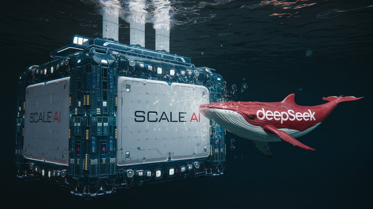 An underwater Scale AI factory made up of AI data is resisting the attack of a red whale named DeepSeek