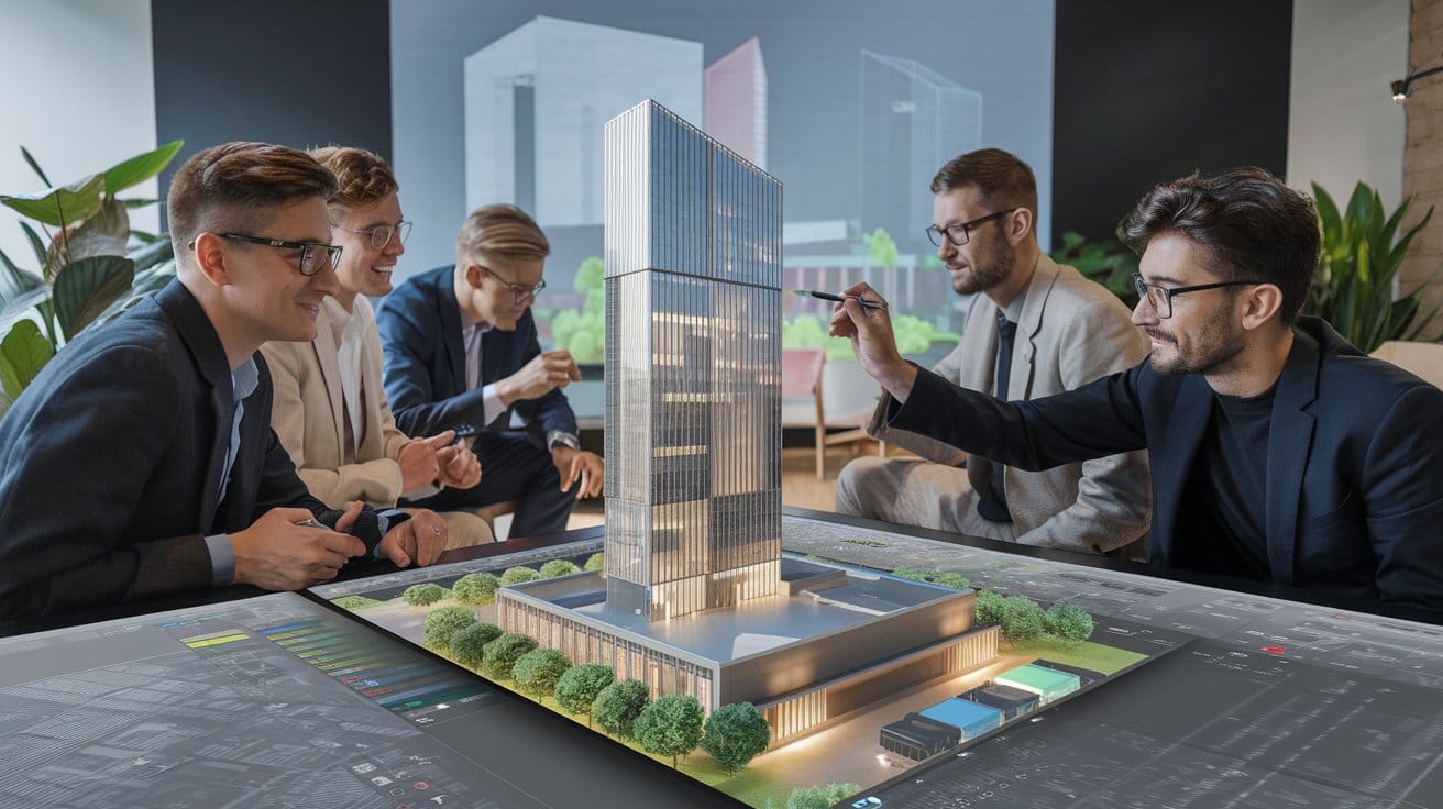 A photo of architects using AI in their work with a large screen displaying a 3D model of a building.