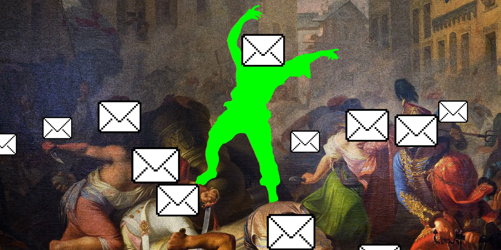 Illustration of a green figure and email icons over a battle painting