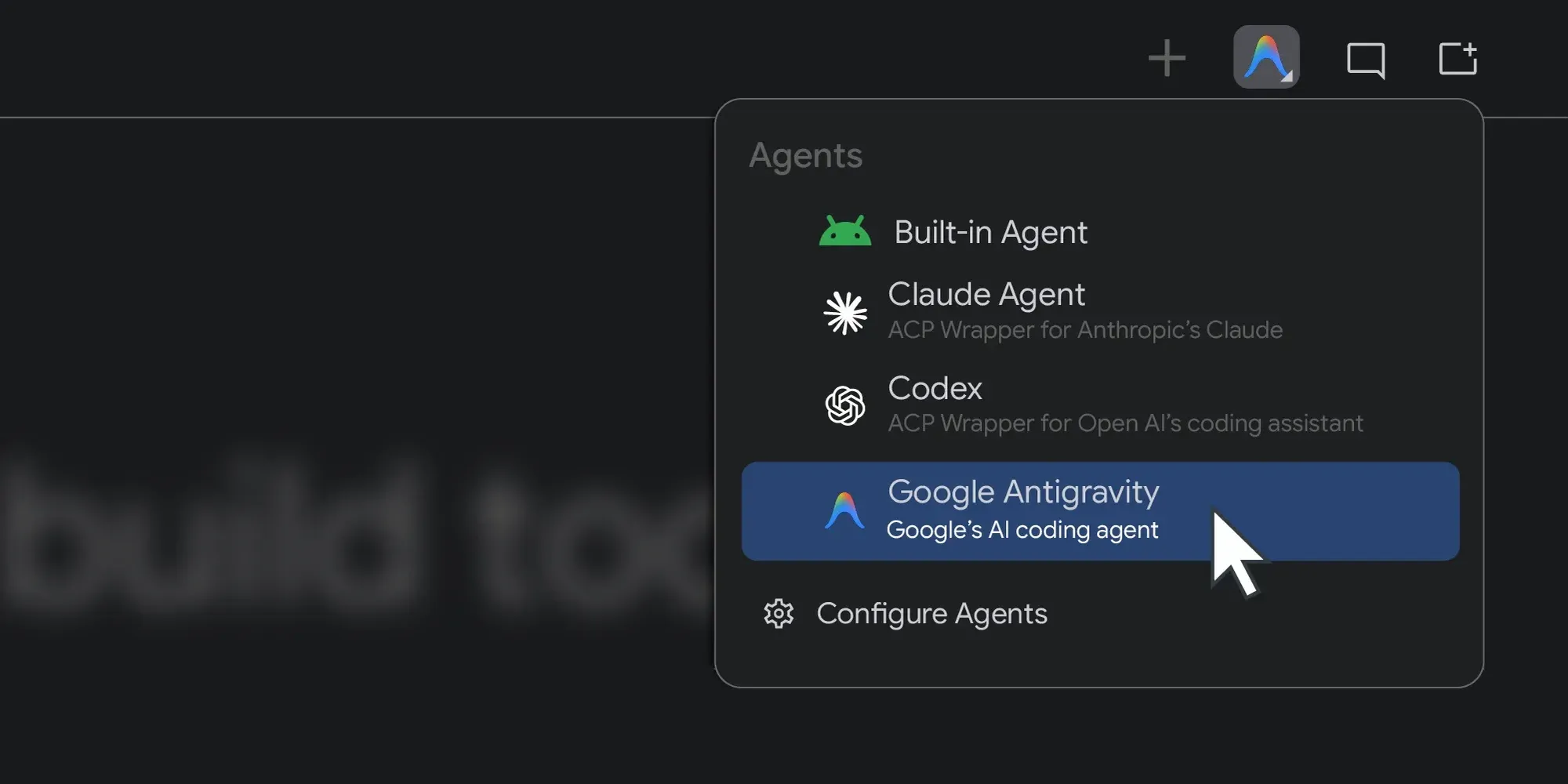 Android Studio agent picker listing Claude Agent, Codex and Google Antigravity