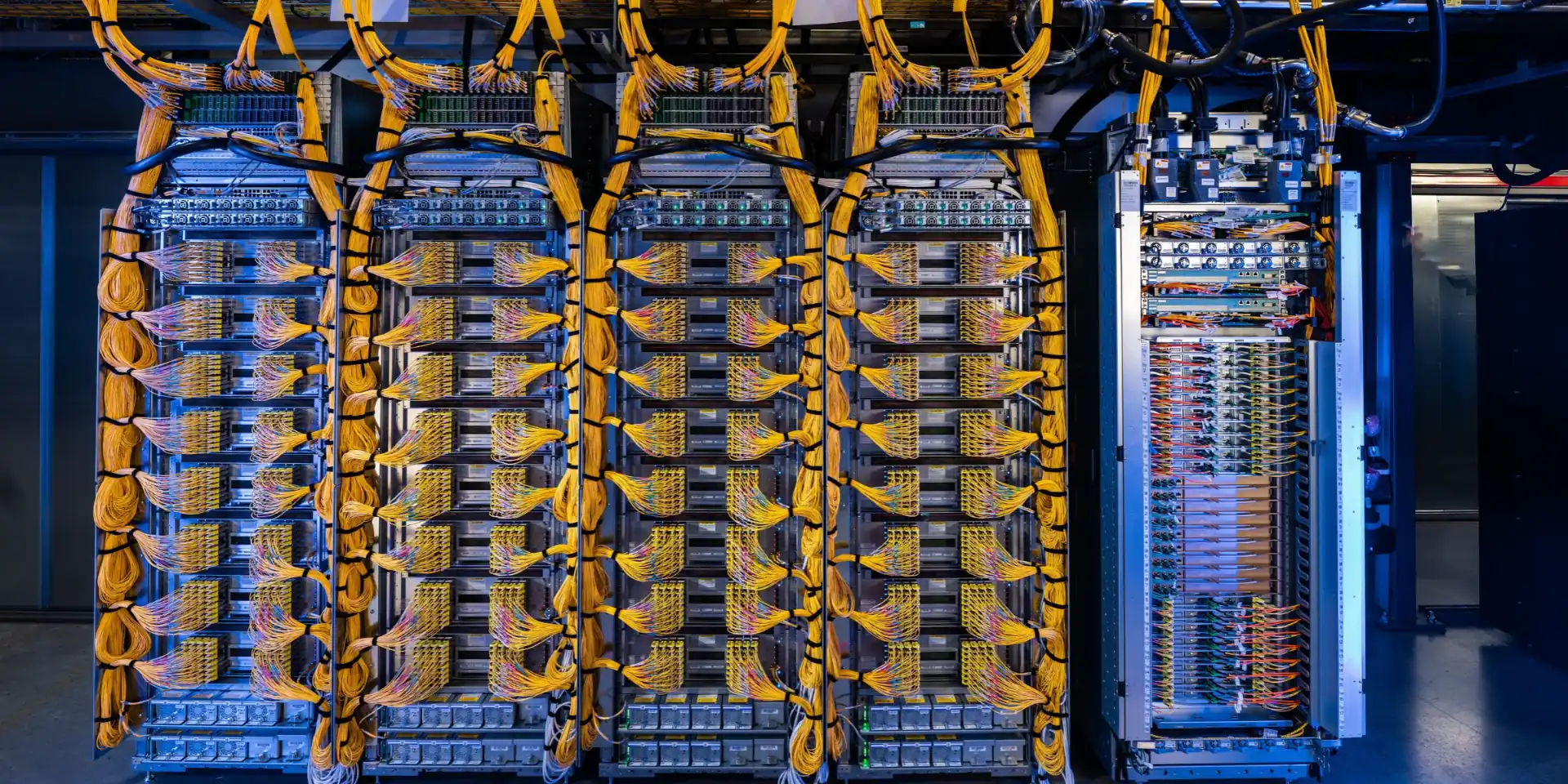Server racks with yellow fiber cabling in a Google Cloud data center
