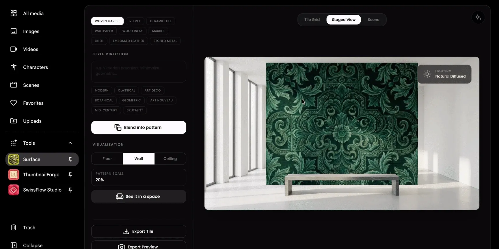 The Surface tool in Google Flow mapping a green tile pattern onto a wall