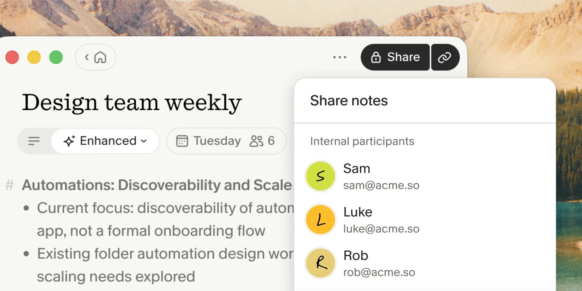 Granola meeting notes with sharing panel