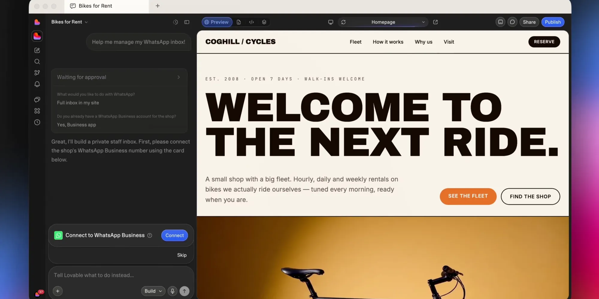 Lovable editor building a bike rental site, with a Connect to WhatsApp Business card