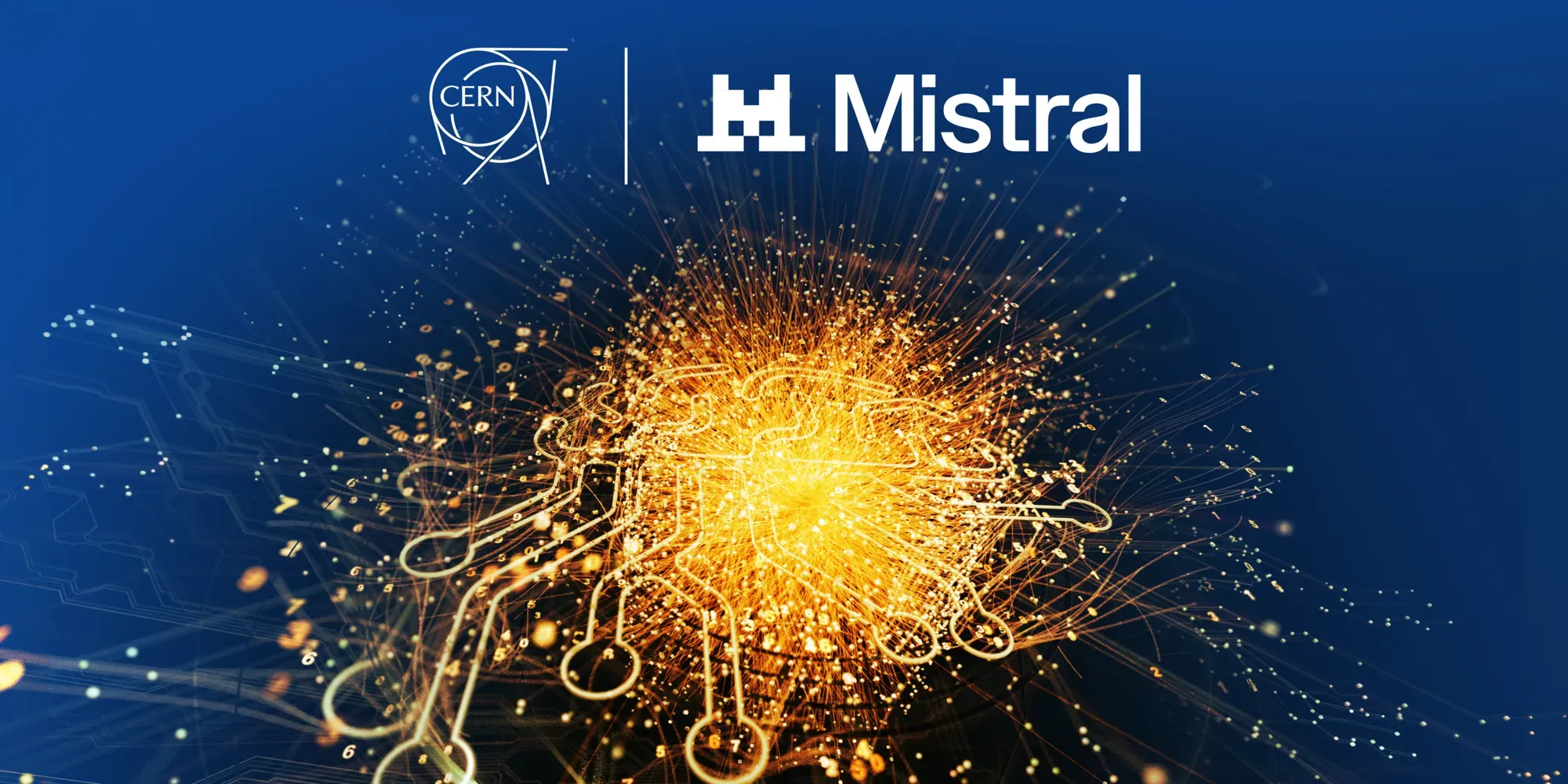 CERN and Mistral logos over a particle collision graphic