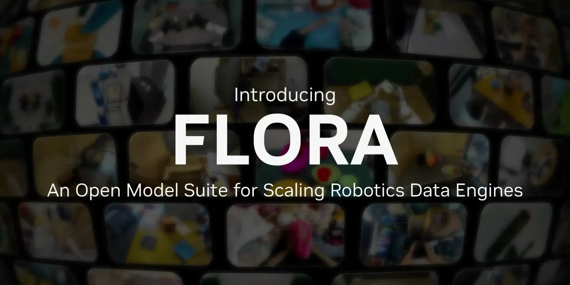 Nvidia Flora launch title card over a wall of robot and human videos