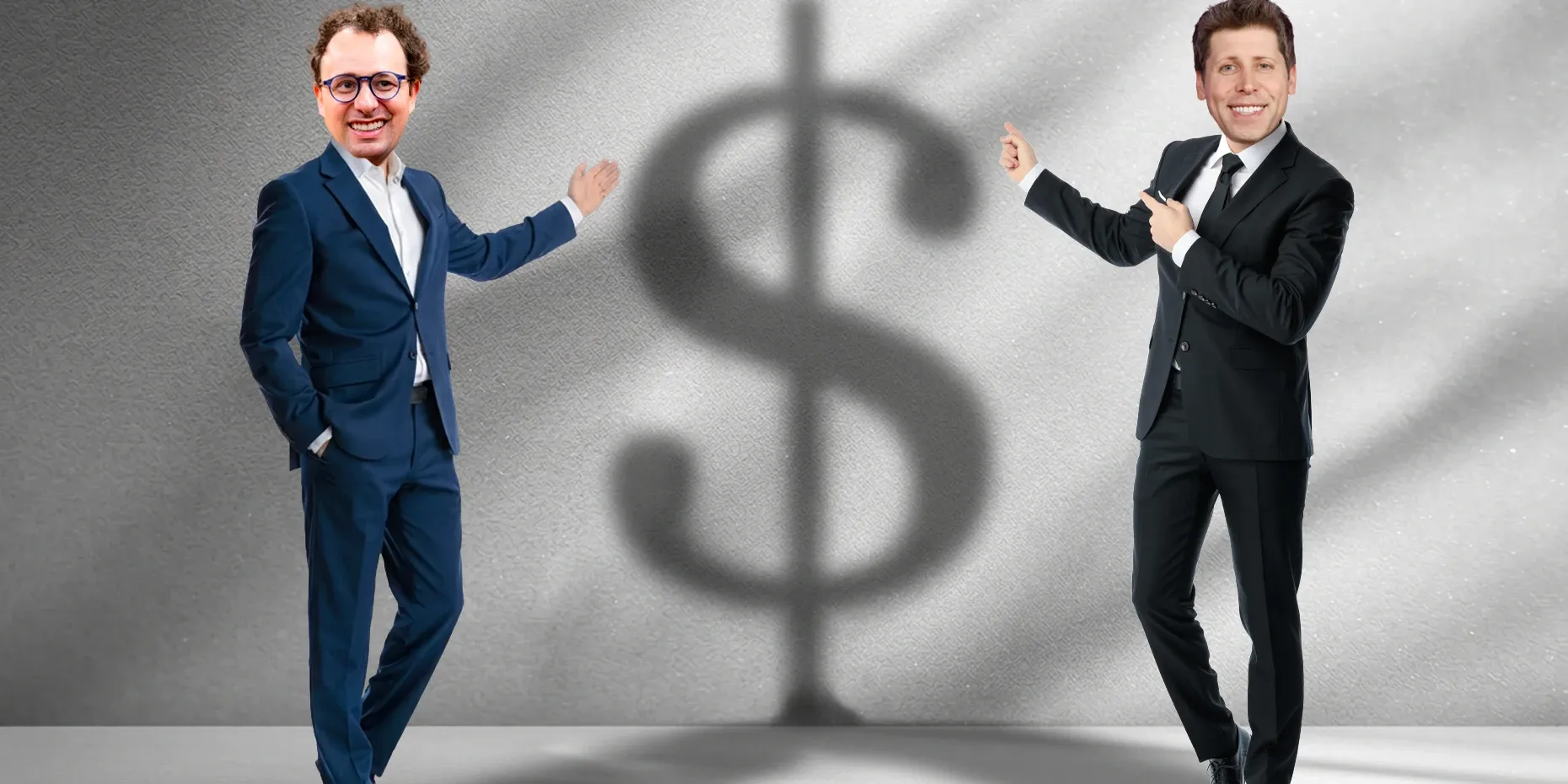 Photo illustration of two AI executives beside a dollar sign