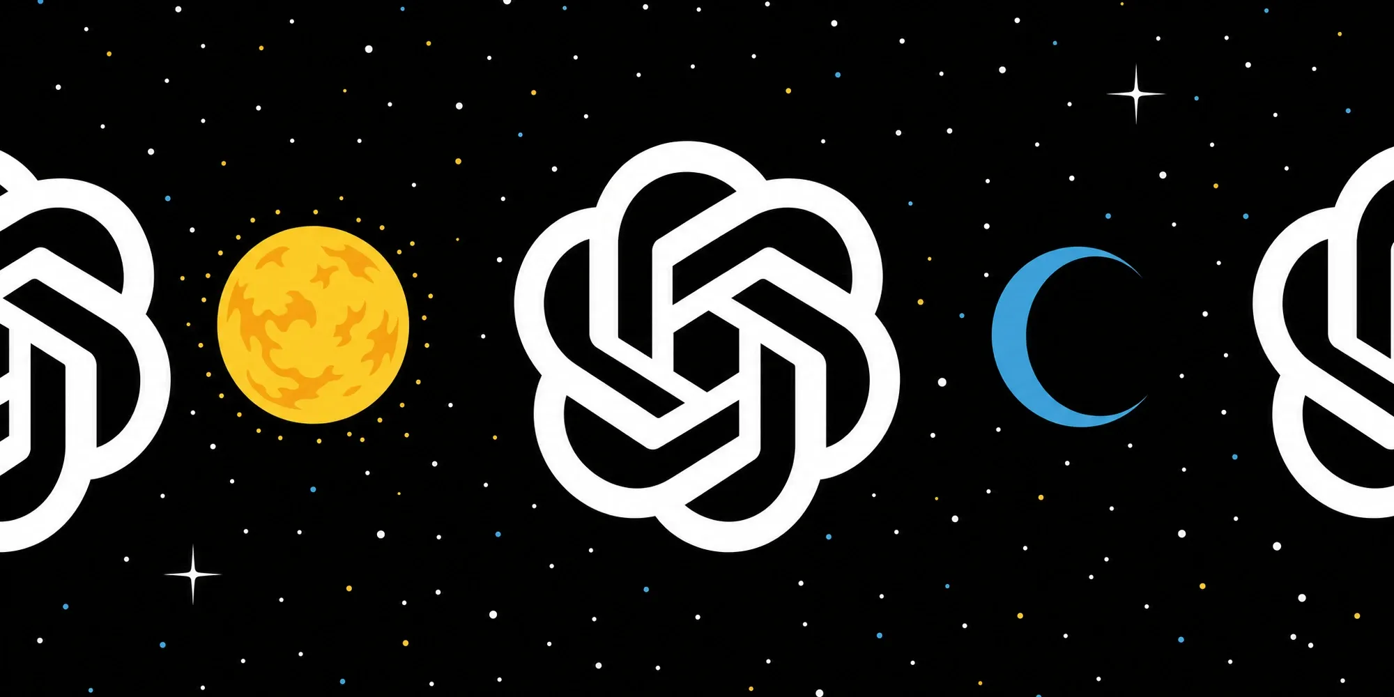 OpenAI logos with a sun and a moon on a starry background