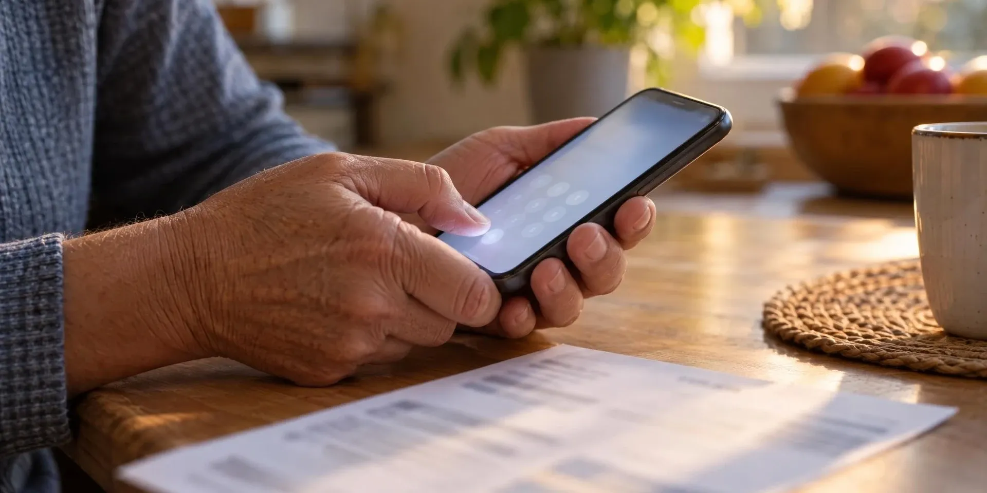 A caller typing on a phone keypad beside a printed bill