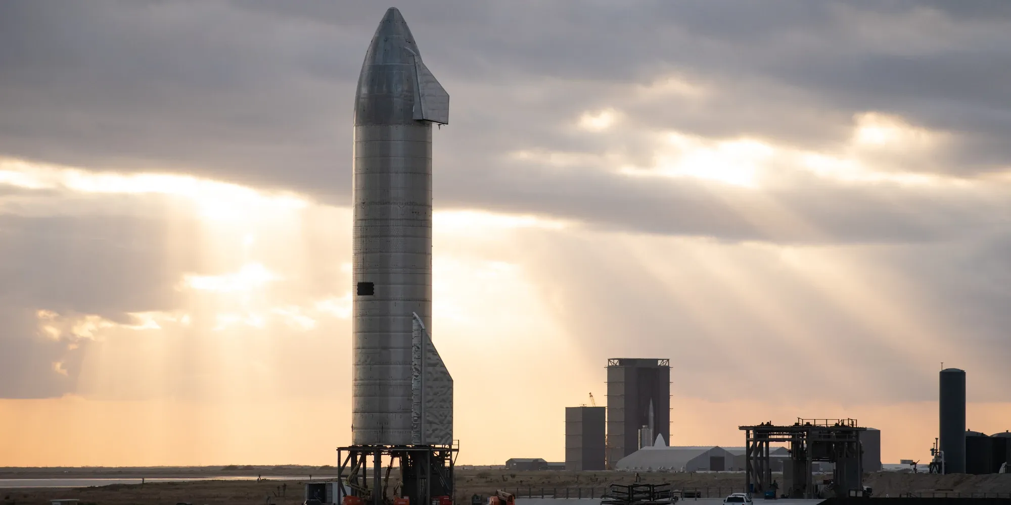 SpaceX Starship SN9 on the pad at Starbase under evening light