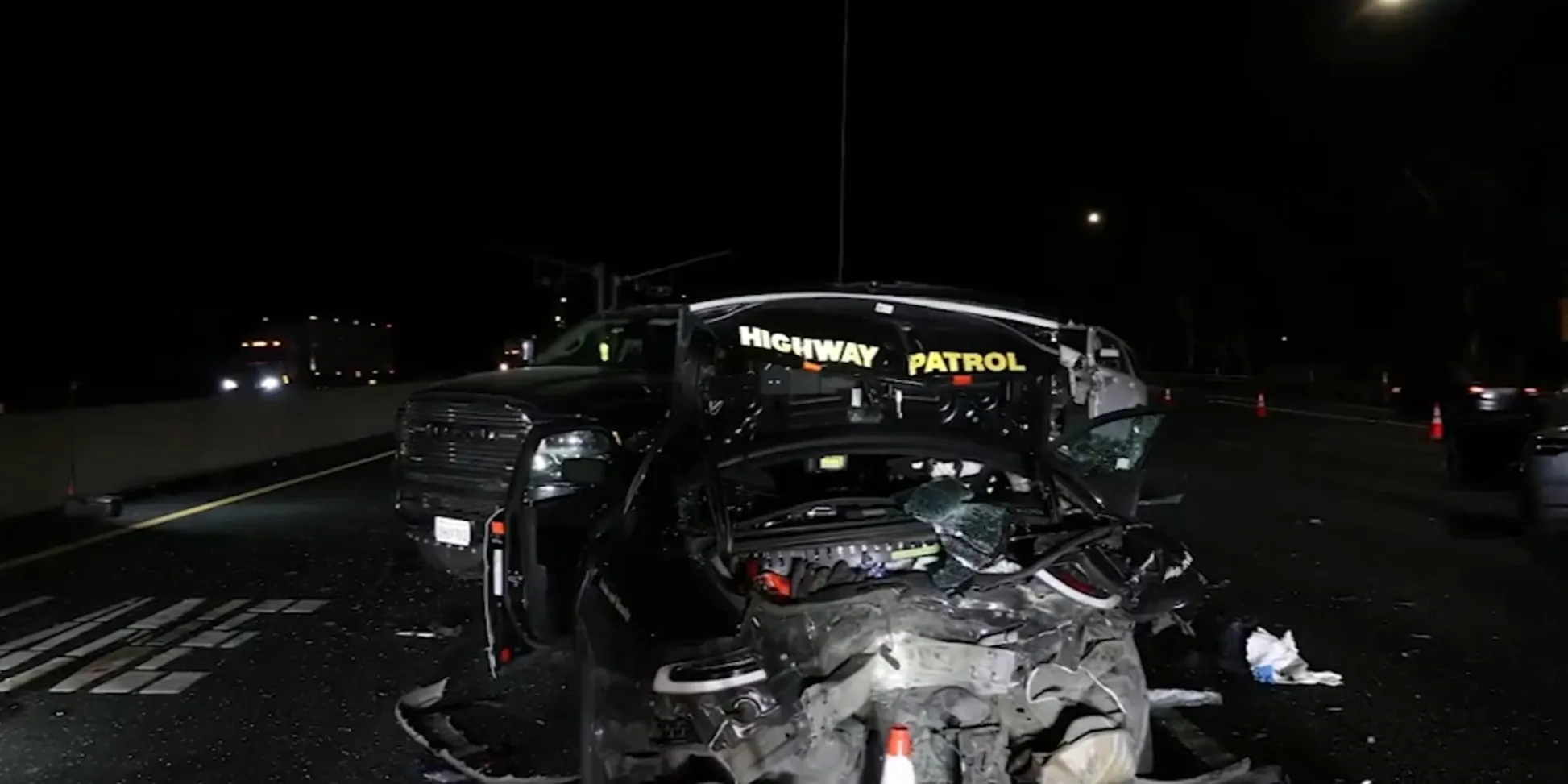 Wrecked California Highway Patrol car after a Tesla hit it on I-80 in Fairfield