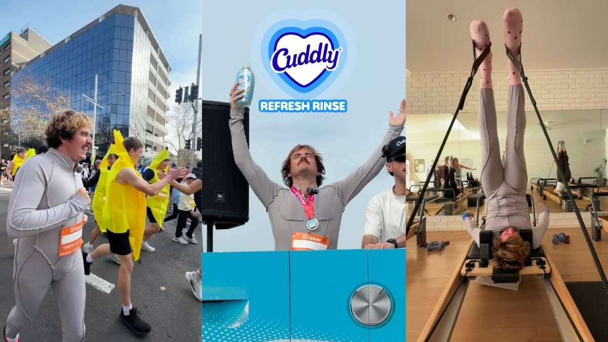 Dom Littrich completing sweaty challenges for Cuddly Refresh Rinse